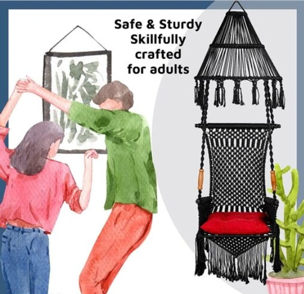 The Elegant Curio Centre Premium Maharaja Hanging Swing -Black with Polyester Ropes & Mild Steel Frame Chair with Heavy Duty Stainless Steel Hanging Accessories And Cushion has a unique design, -  Free Size,  Black,  Polyester Rope With Iron Frame,  Pack of 1